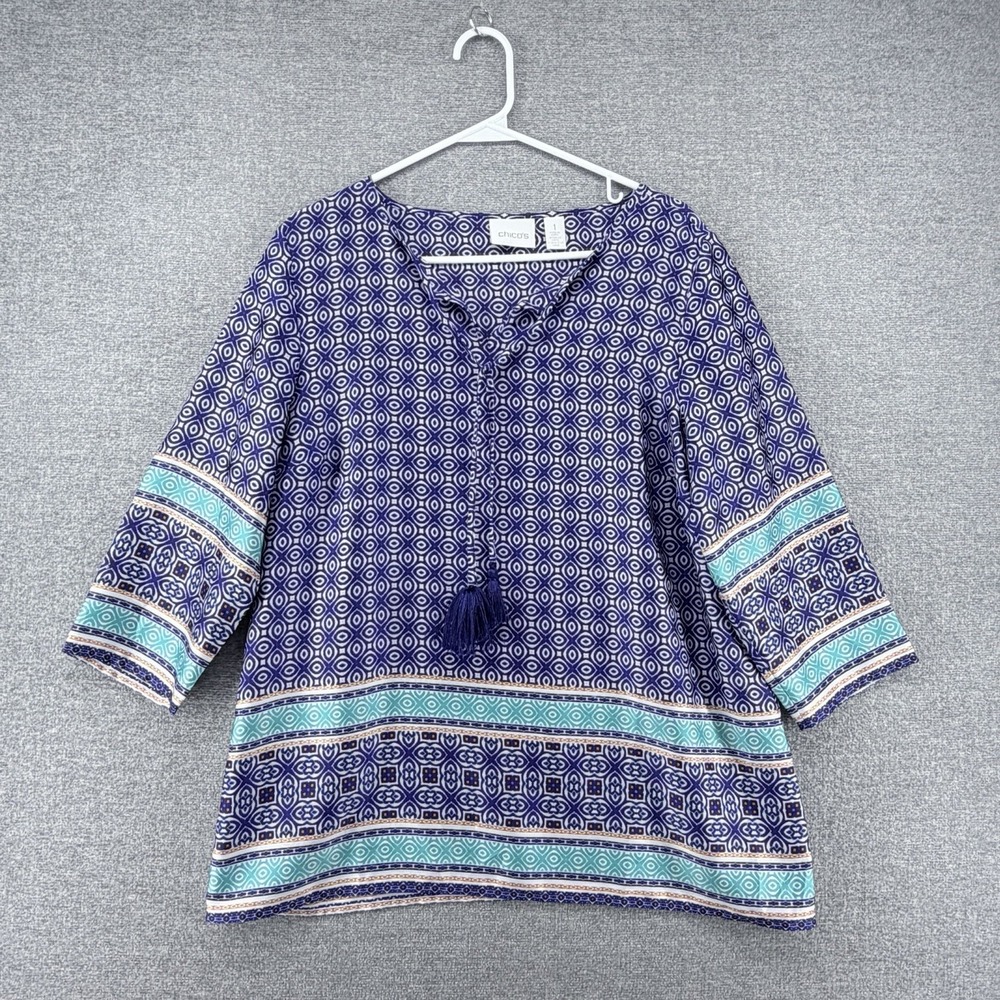 Chicos 3/4 Sleeve Pullover Tunic Top Women Size 1 Blue Geometric Tasseled